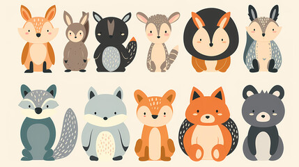 A set of cute cartoon animals. Vector flat images of animals for postcards, invitations, textiles, thermal printing