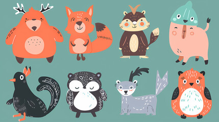 A set of cute cartoon animals. Vector flat images of animals for postcards, invitations, textiles, thermal printing