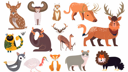 Obraz premium A set of cute cartoon animals. Vector flat images of animals for postcards, invitations, textiles, thermal printing