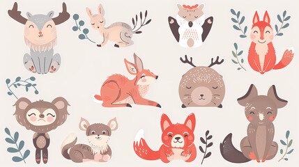 A set of cute cartoon animals. Vector flat images of animals for postcards, invitations, textiles, thermal printing