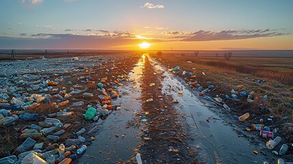 A landscape photo of a barren wasteland covered in plastic trash, representing the devastating consequences of excessive waste generation and improper disposal practices..stock image