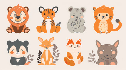 Obraz premium A set of cute cartoon animals. Vector flat images of animals for postcards, invitations, textiles, thermal printing