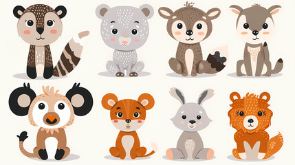 Obraz premium A set of cute cartoon animals. Vector flat images of animals for postcards, invitations, textiles, thermal printing