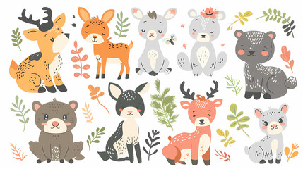 A set of cute cartoon animals. Vector flat images of animals for postcards, invitations, textiles, thermal printing