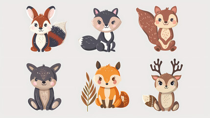 Fototapeta premium A set of cute cartoon animals. Vector flat images of animals for postcards, invitations, textiles, thermal printing