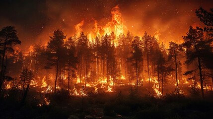An image of a raging wildfire engulfing a forest, representing the increased risk of wildfires due to climate change and extreme weather events..illustration