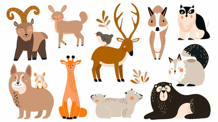Obraz premium A set of cute cartoon animals. Vector flat images of animals for postcards, invitations, textiles, thermal printing