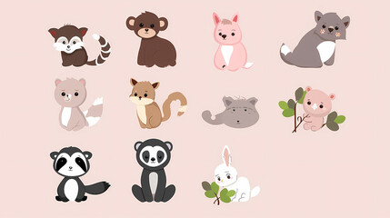 A set of cute cartoon animals. Vector flat images of animals for postcards, invitations, textiles, thermal printing