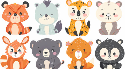 Fototapeta premium A set of cute cartoon animals. Vector flat images of animals for postcards, invitations, textiles, thermal printing