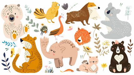 Obraz premium A set of cute cartoon animals. Vector flat images of animals for postcards, invitations, textiles, thermal printing