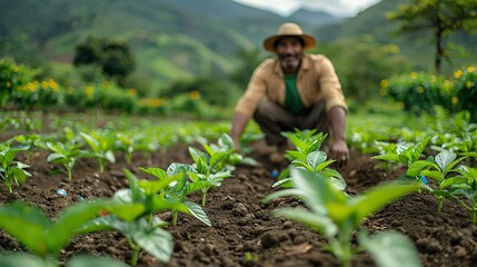 An image of a farmer practicing sustainable agriculture methods, such as crop rotation and organic farming, promoting environmentally friendly food production..stock photo