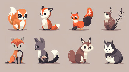A set of cute cartoon animals. Vector flat images of animals for postcards, invitations, textiles, thermal printing