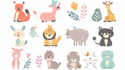 Obraz premium A set of cute cartoon animals. Vector flat images of animals for postcards, invitations, textiles, thermal printing