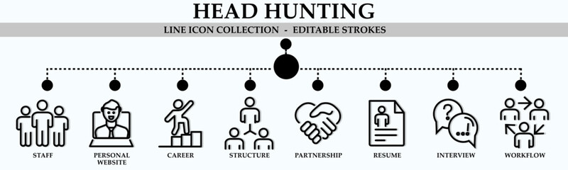 Head hunting line icon collection. Containing icons of candidate, winner, achievement, contract,  target and more. Linear icon collection. Editable stroke. Vector illustration
