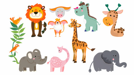 A set of cute cartoon animals. Vector flat images of animals for postcards, invitations, textiles, thermal printing