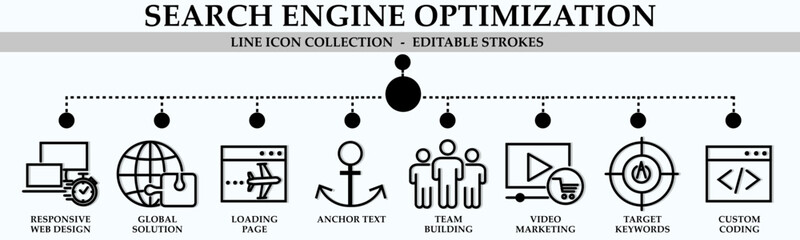 SEO line icon collection. Containing icons of global solution, loading page, anchor text, team building, video marketing and more. Linear icon collection. Editable stroke. Vector illustration
