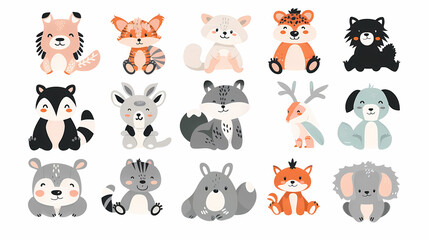 Obraz premium A set of cute cartoon animals. Vector flat images of animals for postcards, invitations, textiles, thermal printing