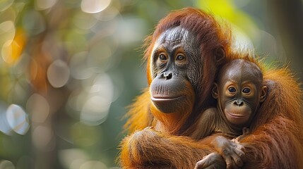 A photo of a mother orangutan with her baby clinging to her back, representing the urgent need to protect endangered primates and their habitats..stock image