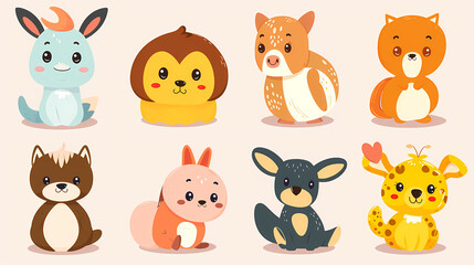 Fototapeta premium A set of cute cartoon animals. Vector flat images of animals for postcards, invitations, textiles, thermal printing