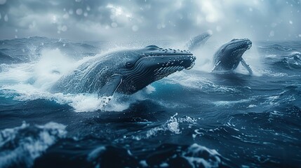 An image of a group of whales breaching the ocean surface, symbolizing the importance of marine conservation and protecting marine ecosystems from pollution and overfishing..illustration