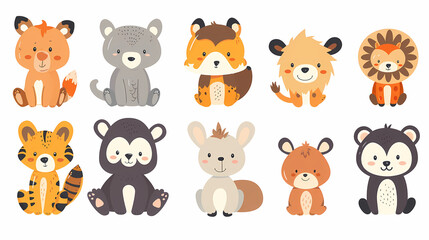 Fototapeta premium A set of cute cartoon animals. Vector flat images of animals for postcards, invitations, textiles, thermal printing