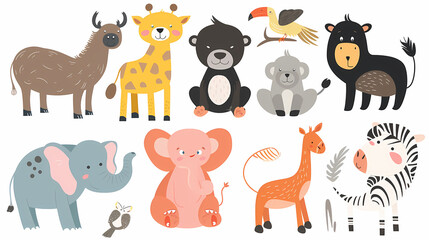 Naklejka premium A set of cute cartoon animals. Vector flat images of animals for postcards, invitations, textiles, thermal printing