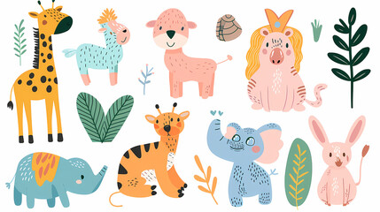 A set of cute cartoon animals. Vector flat images of animals for postcards, invitations, textiles, thermal printing