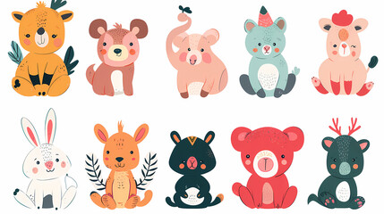 Fototapeta premium A set of cute cartoon animals. Vector flat images of animals for postcards, invitations, textiles, thermal printing