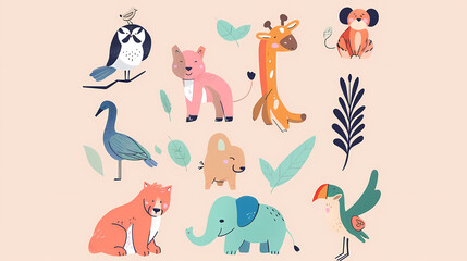 Obraz premium A set of cute cartoon animals. Vector flat images of animals for postcards, invitations, textiles, thermal printing