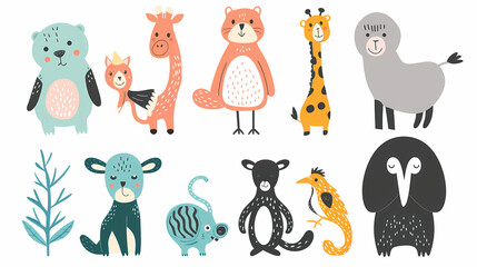 A set of cute cartoon animals. Vector flat images of animals for postcards, invitations, textiles, thermal printing