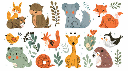 Fototapeta premium A set of cute cartoon animals. Vector flat images of animals for postcards, invitations, textiles, thermal printing