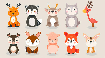Obraz premium A set of cute cartoon animals. Vector flat images of animals for postcards, invitations, textiles, thermal printing