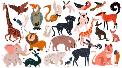 A set of cute cartoon animals. Vector flat images of animals for postcards, invitations, textiles, thermal printing