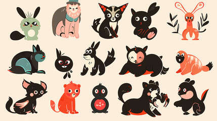 A set of cute cartoon animals. Vector flat images of animals for postcards, invitations, textiles, thermal printing