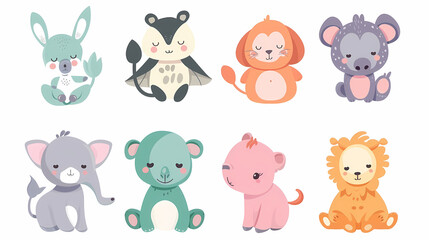 A set of cute cartoon animals. Vector flat images of animals for postcards, invitations, textiles, thermal printing