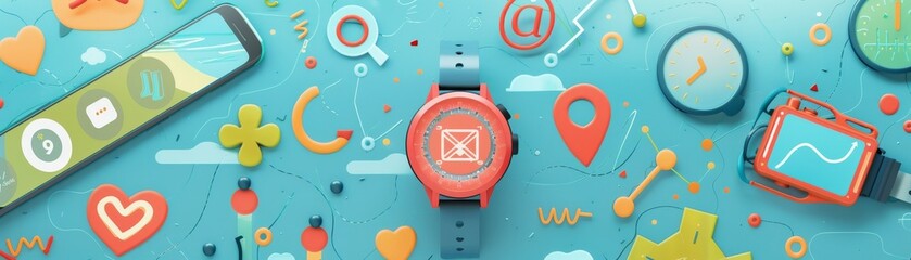 Exercise tracking application flat design top view innovation theme cartoon drawing colored pastel