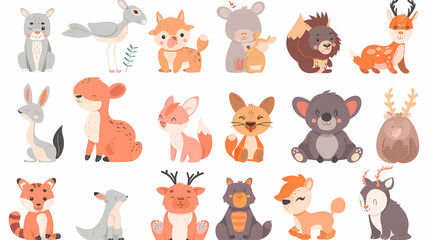 Fototapeta premium A set of cute cartoon animals. Vector flat images of animals for postcards, invitations, textiles, thermal printing