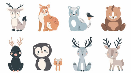 Fototapeta premium A set of cute cartoon animals. Vector flat images of animals for postcards, invitations, textiles, thermal printing
