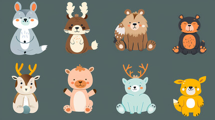 Fototapeta premium A set of cute cartoon animals. Vector flat images of animals for postcards, invitations, textiles, thermal printing