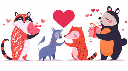 Obraz premium Funny Animal in Love Feel Passion at Valentine Day ,A set of cute cartoon animals. Vector flat images of animals for postcards, invitations, textiles, thermal printing