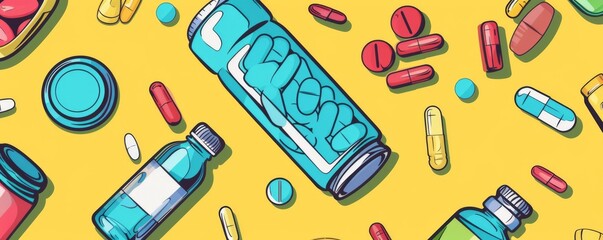 Supplements before competition flat design top view sport theme cartoon drawing colored pastel