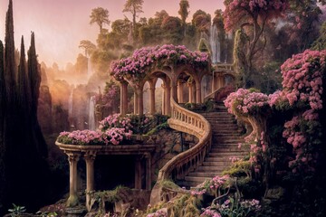 Obraz premium Abandoned flowering gardens of Babylon early in the morning