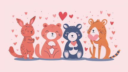 Obraz premium Funny Animal in Love Feel Passion at Valentine Day ,A set of cute cartoon animals. Vector flat images of animals for postcards, invitations, textiles, thermal printing