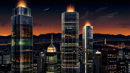 Glossy and artistic neon light effect urban landscapes of modern towering cities and Skyscrapers or Artistic textures and futuristic townscapes ai generative