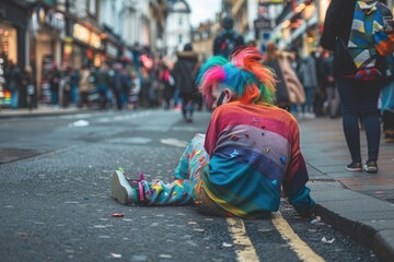 A nonbinary gay person with rainbow hair wearing colorful sits on the street in London, in a full body 