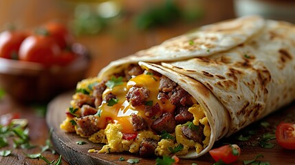 A breakfast wrap with scrambled eggs, sausage, and cheese..stock photo