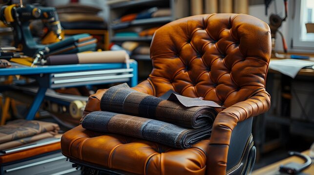 Skilled Automotive Upholsterer Repairing and Restoring Car Seat in Workshop with Sewing Tools and Fabric Swatches