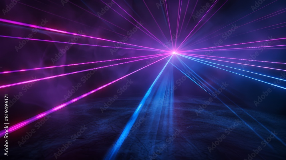 Poster in the dark expanse of the background, blue and violet laser beams intersect and shine brightly, cre