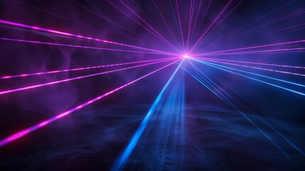 In the dark expanse of the background, blue and violet laser beams intersect and shine brightly, creating a visually stunning pattern. The vivid colors against the black backdrop evoke 