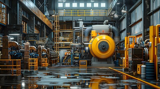 Detailed view of a comprehensive lockout-tagout safety scene in an active industrial factory setting
